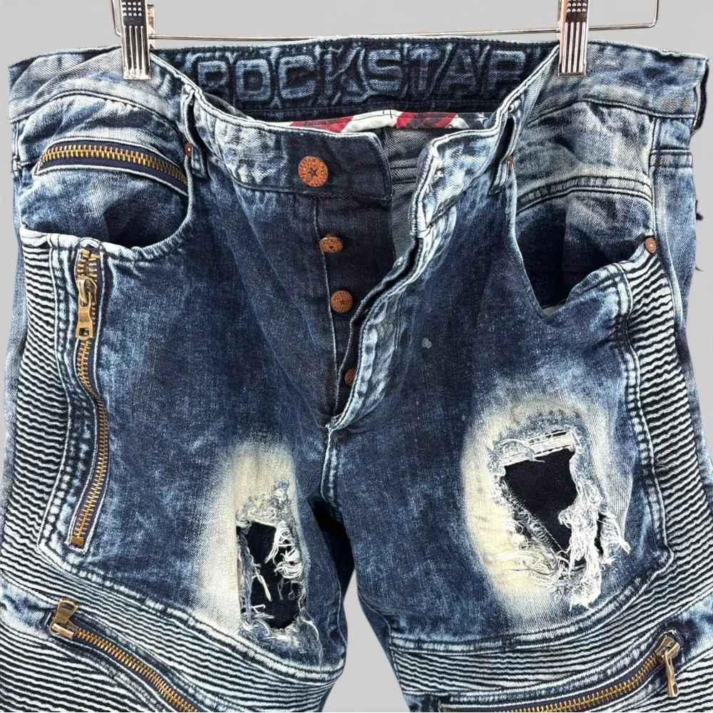 Rockstar Distressed Moto Jeans Acid Wash Zip Biker Denim 38